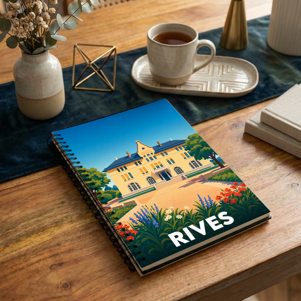 Carnet de notes souvenir de la ville de Rives orné d'une illustration stylisée de sa mairie.