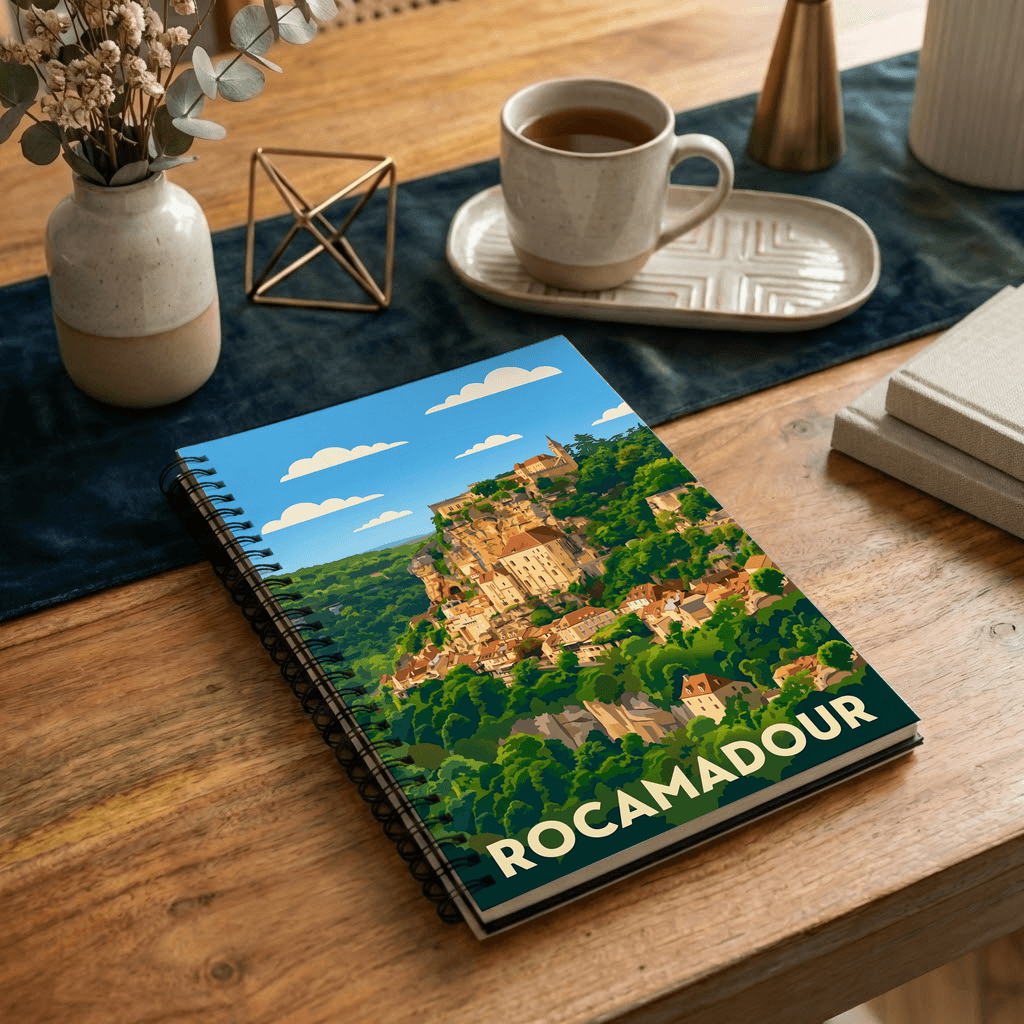 Carnet souvenir de la ville de Rocamadour avec une illustration stylisée.