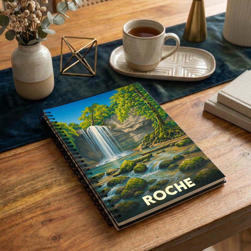 Carnet souvenir de la ville de Roche avec une illustration stylisée d'une cascade.