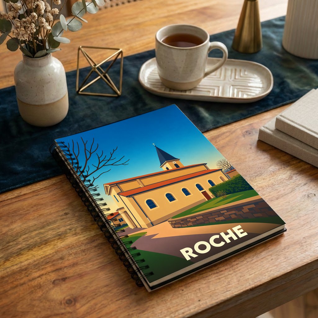 Carnet à spirale souvenir de la ville de Roche avec une illustration stylisée de son église.