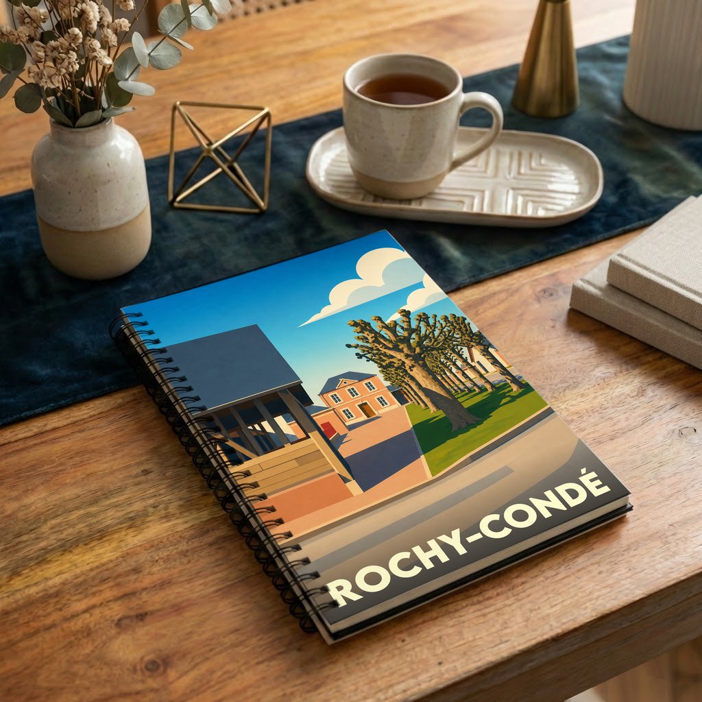 Carnet à spirales souvenir de la ville de Rochy-Condé avec une illustration stylisée.