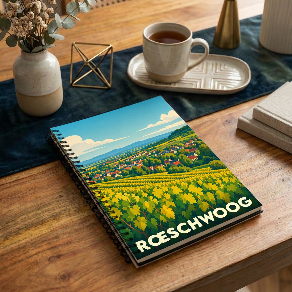 Carnet à spirale souvenir de la ville de Rœschwoog avec une illustration stylisée de vignobles et de paysages alsaciens.
