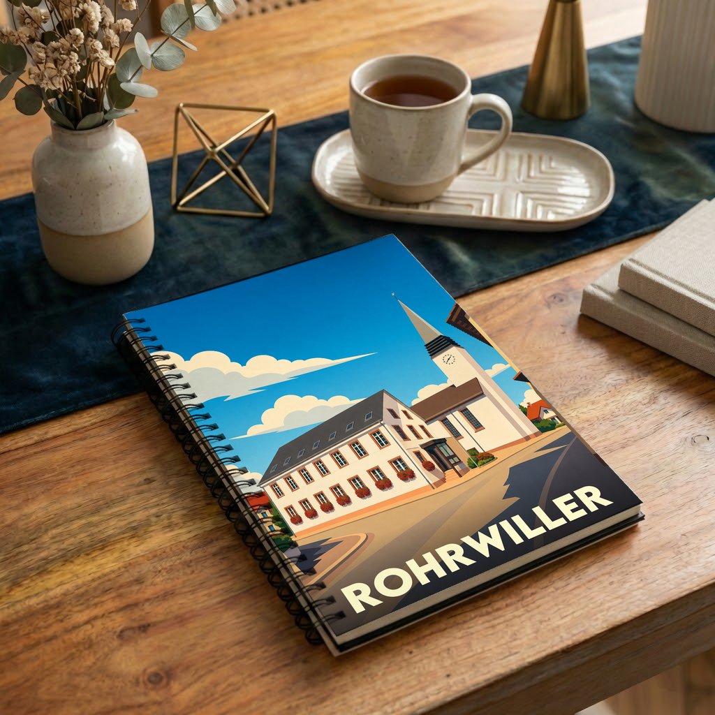 Carnet souvenir de la ville de Rohrwiller avec une illustration stylisée d'un paysage urbain alsacien.