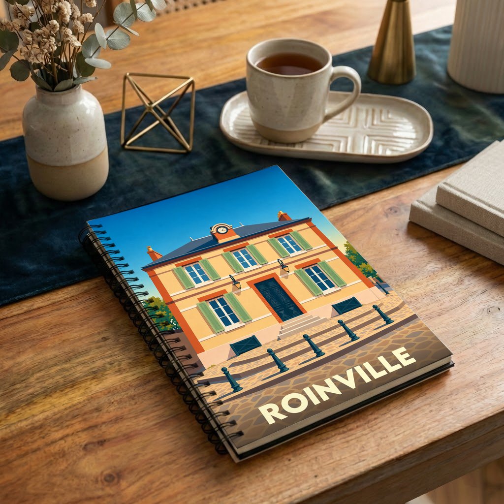 Carnet souvenir de la ville de Roinville avec une illustration stylisée.