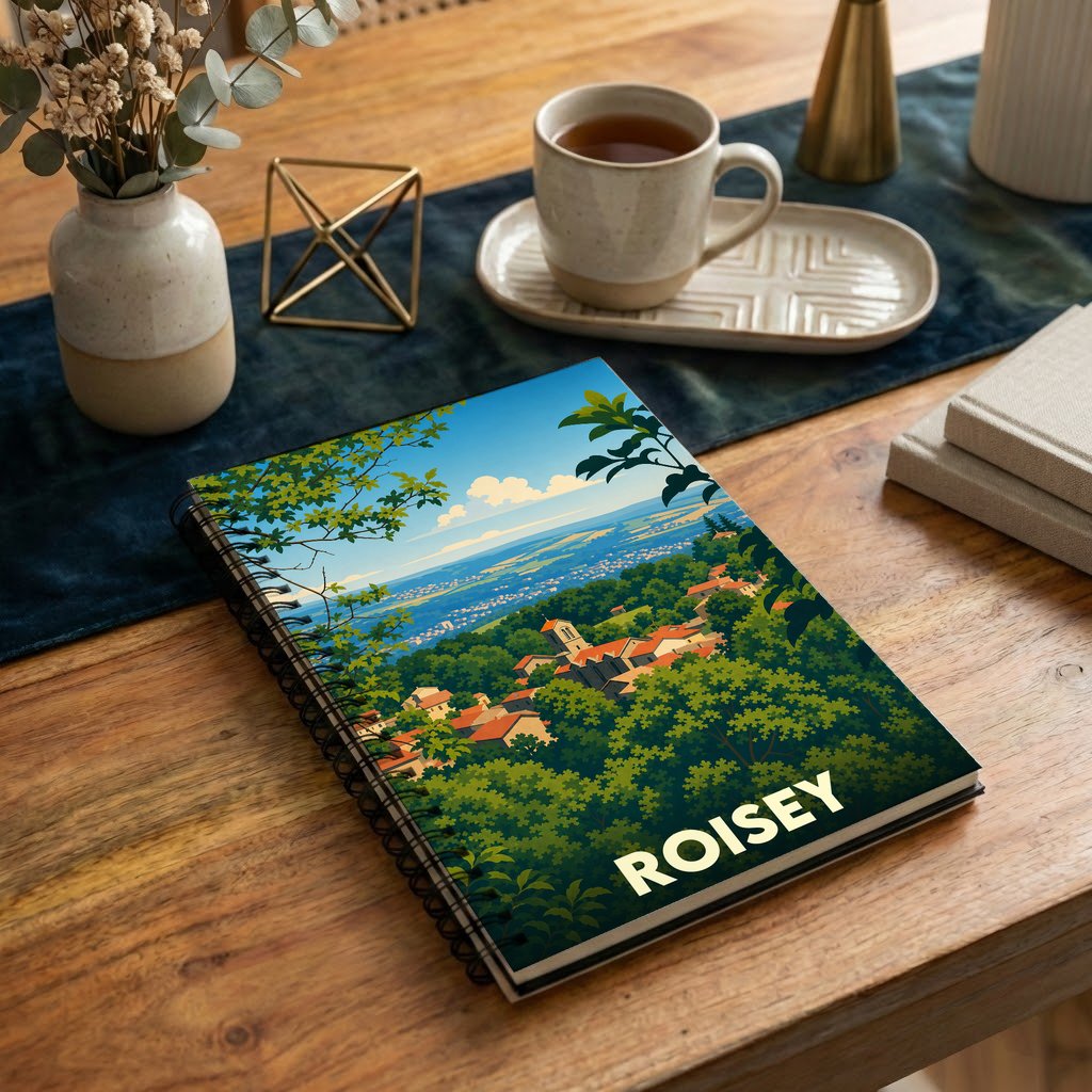 Carnet à spirale souvenir de la ville de Roisey avec une illustration stylisée de son paysage vallonné.