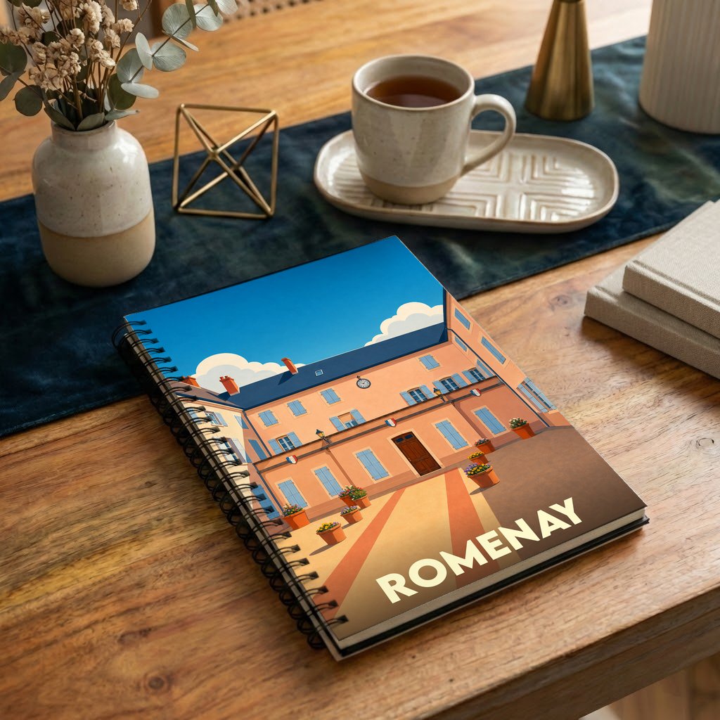 Carnet souvenir de la ville de Romenay avec une illustration stylisée.