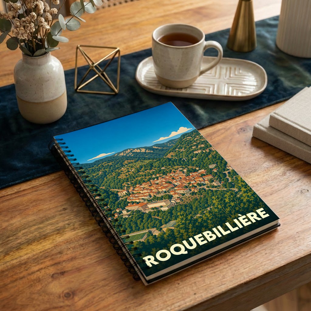 Carnet à spirales souvenir de la ville de Roquebillière illustré par une vue aérienne stylisée du village et de ses montagnes.