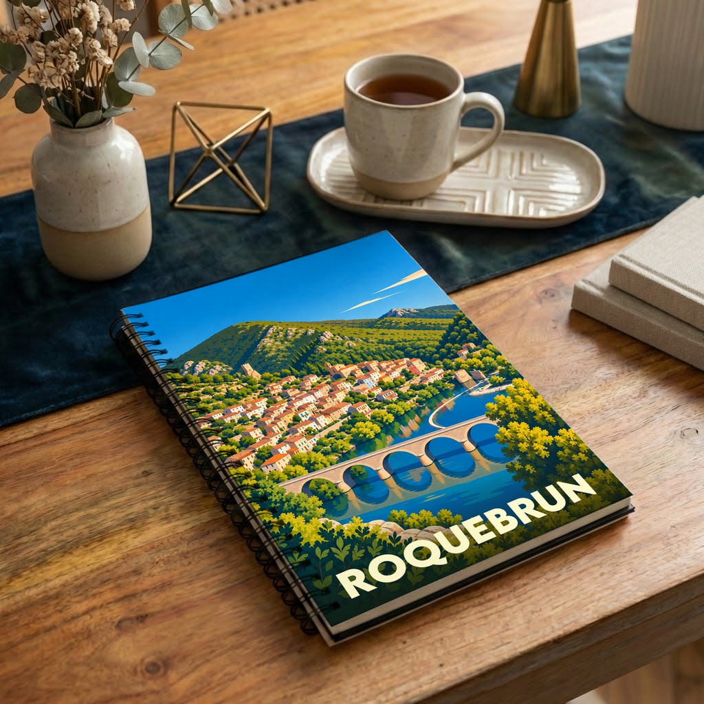 Carnet à spirales souvenir de Roquebrun orné d'une illustration colorée et stylisée de la ville.