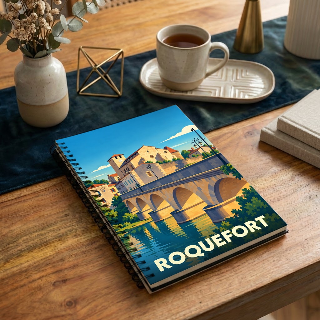 Carnet à spirale souvenir de la ville de Roquefort avec une illustration stylisée de son pont et de ses bâtiments historiques.