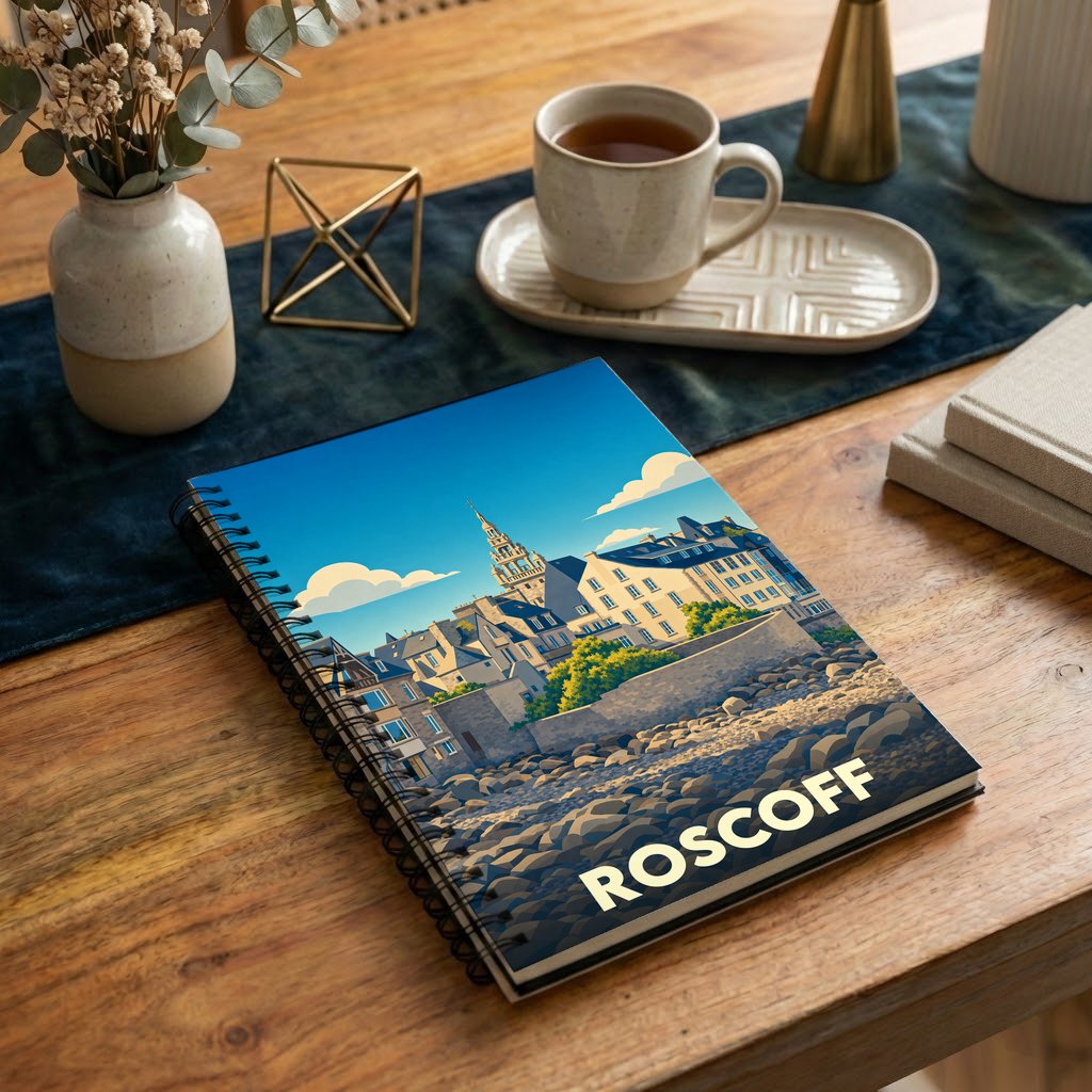 Carnet à spirales souvenir de la ville de Roscoff avec une illustration stylisée de son front de mer.