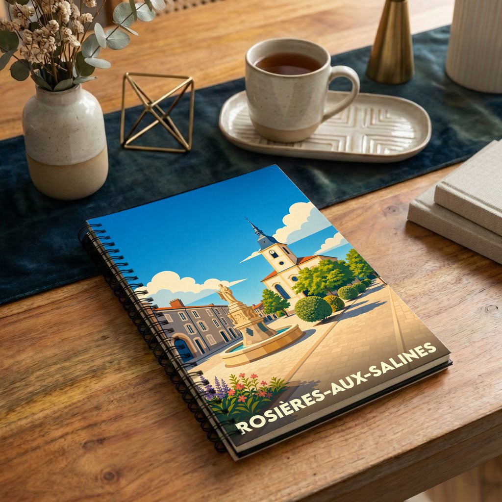 Carnet de notes souvenir de la ville de Rosières-aux-Salines avec une illustration stylisée de sa place principale.
