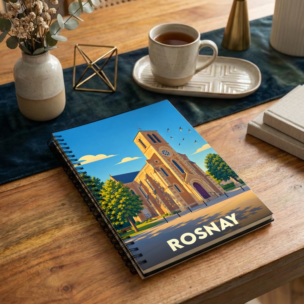 Carnet à spirale souvenir de la ville de Rosnay avec une illustration stylisée de son église sous un ciel azur.