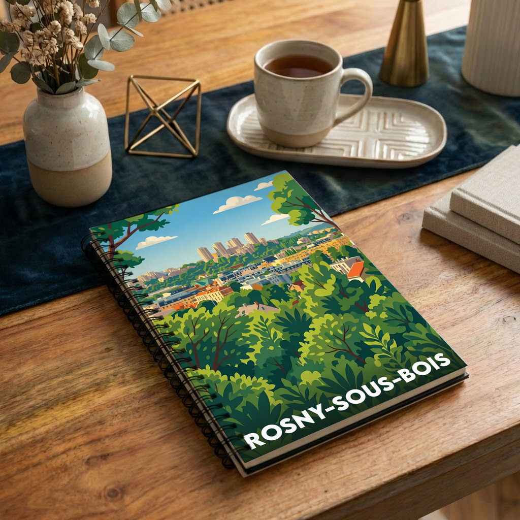Carnet souvenir de la ville de Rosny-sous-Bois avec une illustration stylisée.
