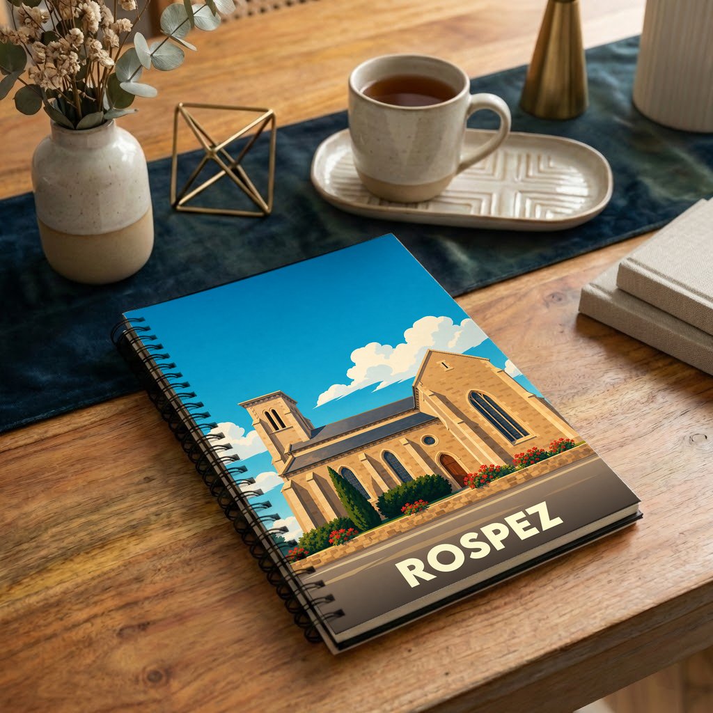 Carnet à spirales souvenir de la ville de Rospez avec une illustration stylisée de son église.