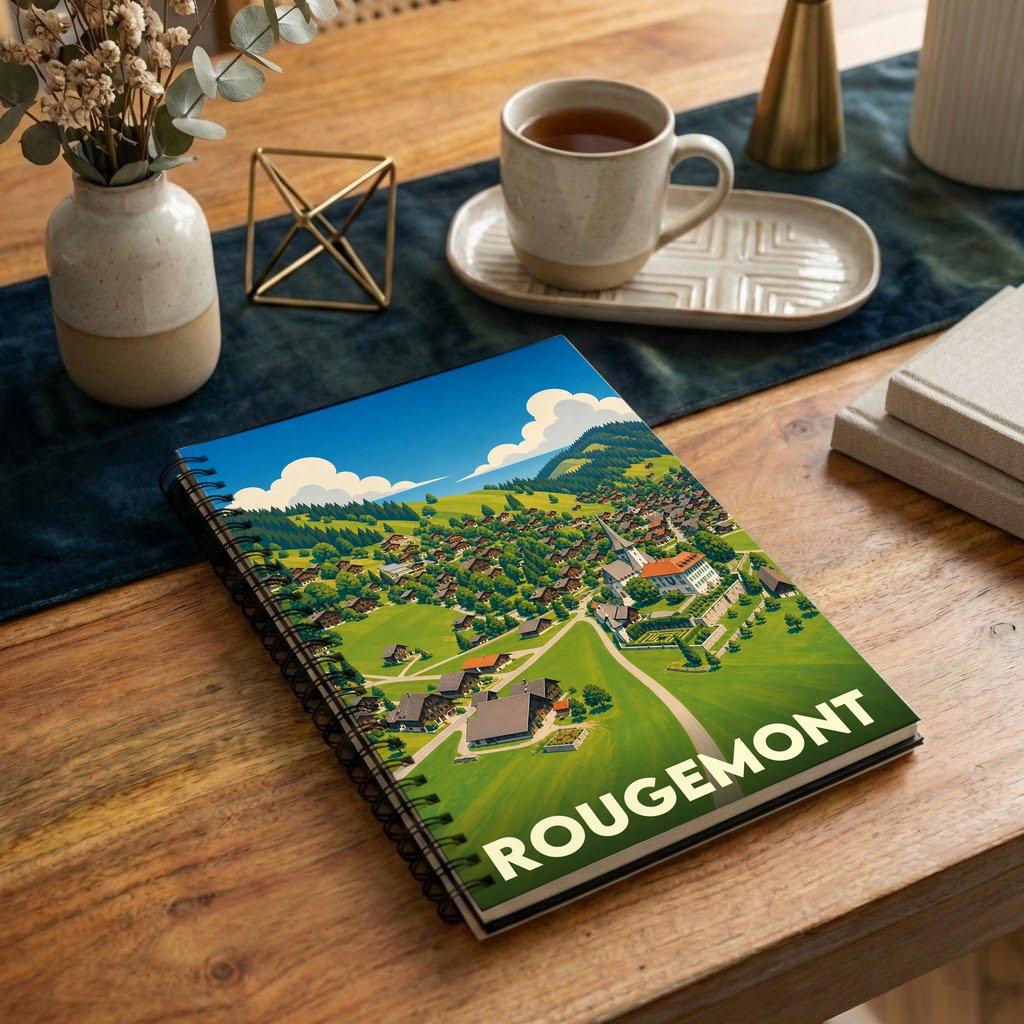Carnet à spirales souvenir de la ville de Rougemont avec une illustration stylisée de son paysage alpin.