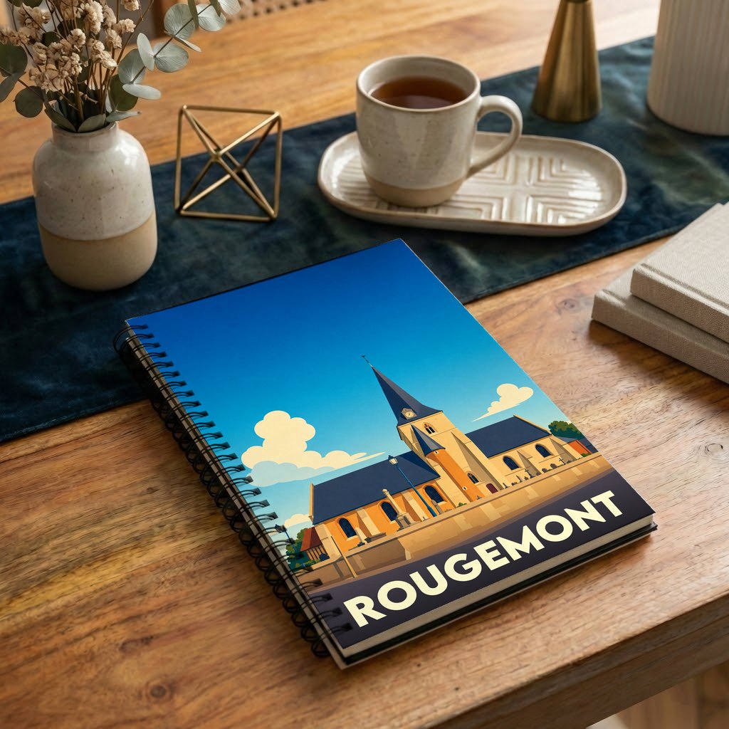 Carnet à spirales souvenir de la ville de Rougemont avec une illustration stylisée de son église.