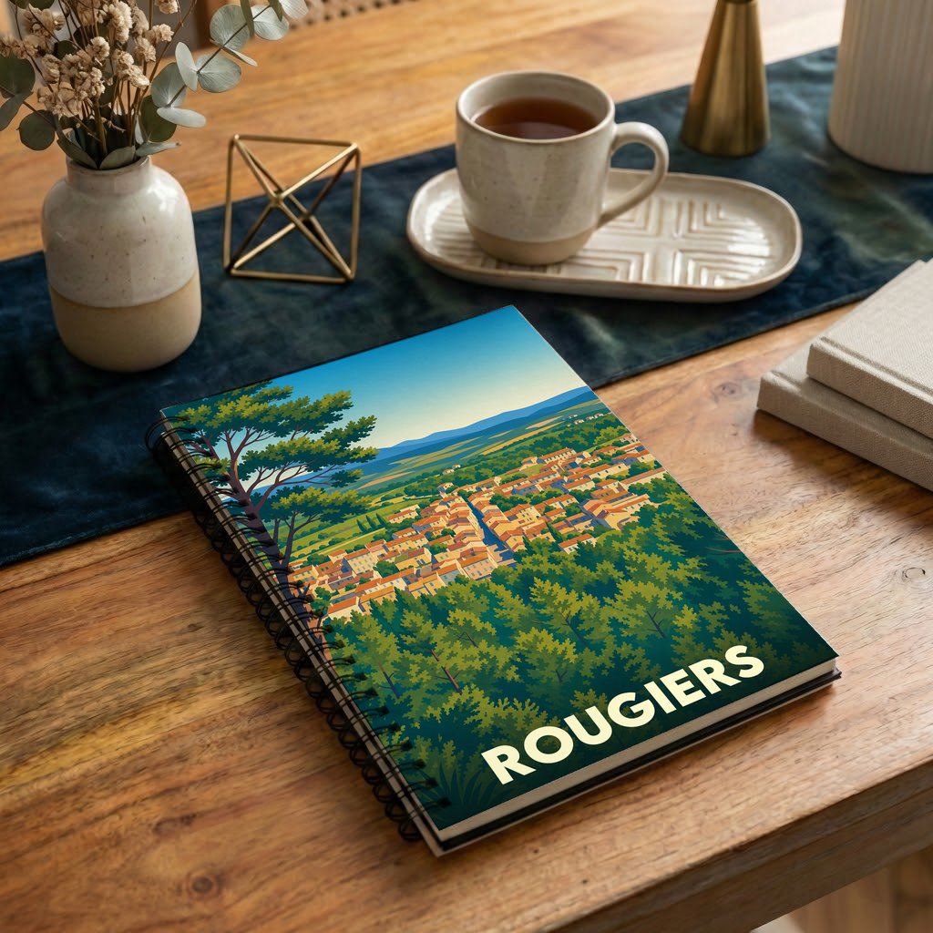 Carnet à spirales souvenir de la ville de Rougiers avec une illustration stylisée d'un paysage provençal.