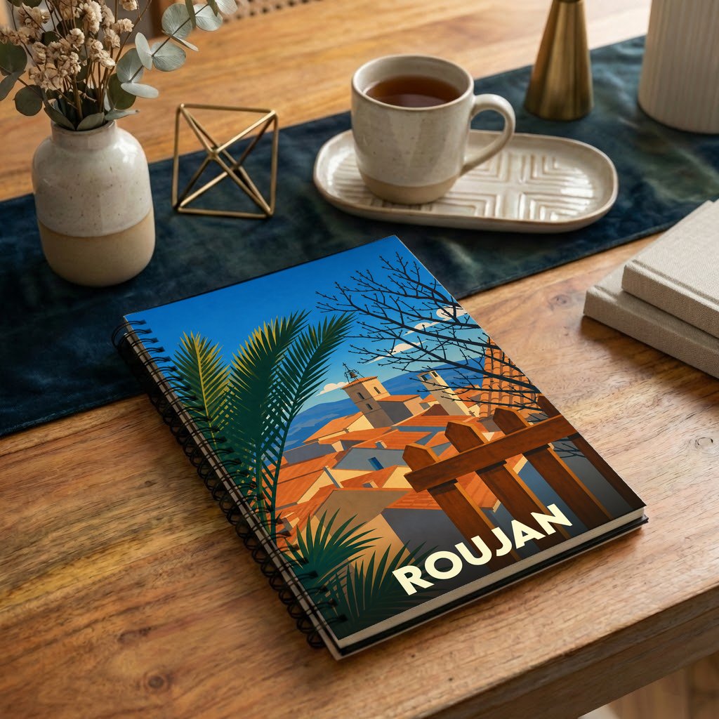 Carnet souvenir de la ville de Roujan avec une illustration stylisée.
