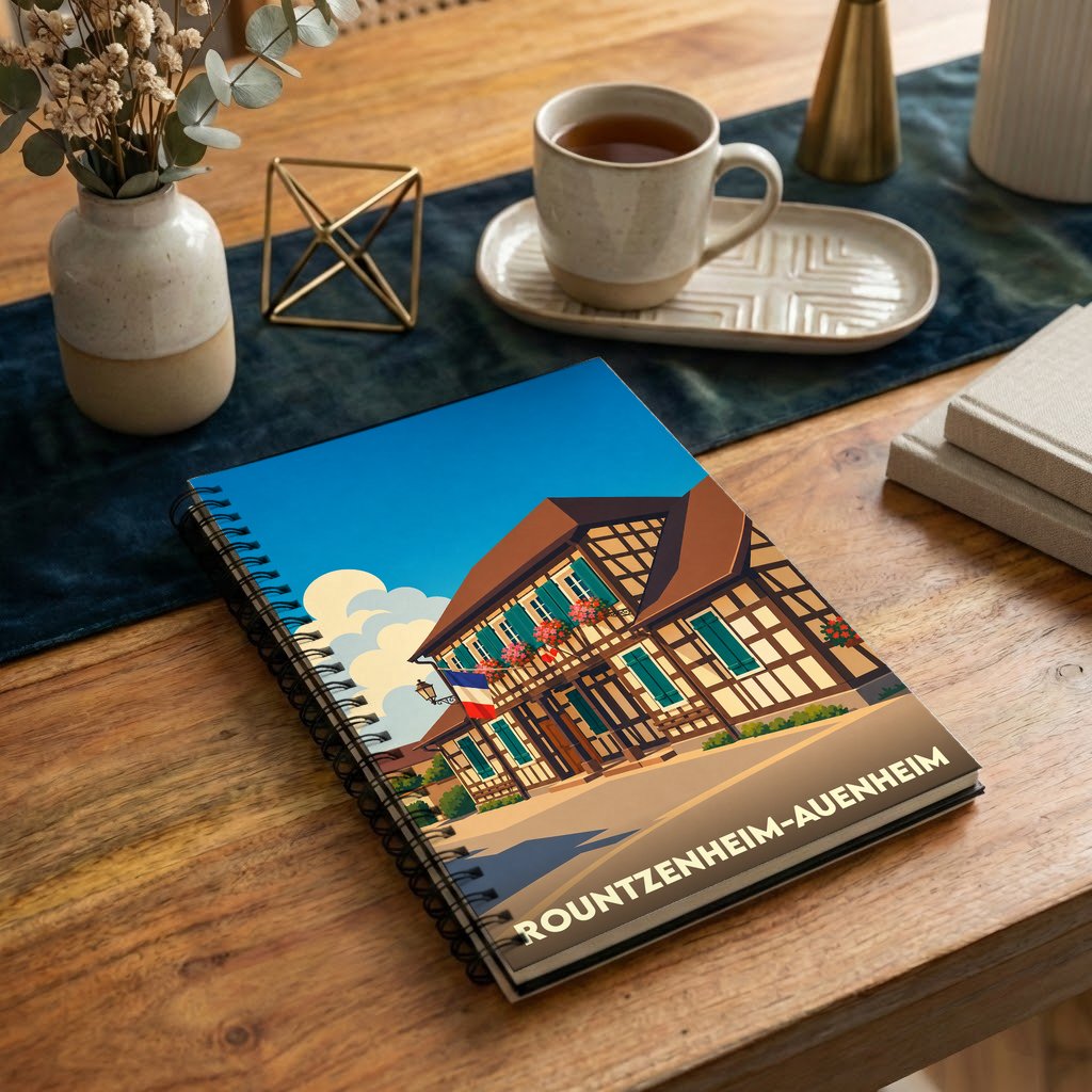Carnet souvenir de la ville de Rountzenheim-Auenheim avec une illustration stylisée d'une maison à colombages.