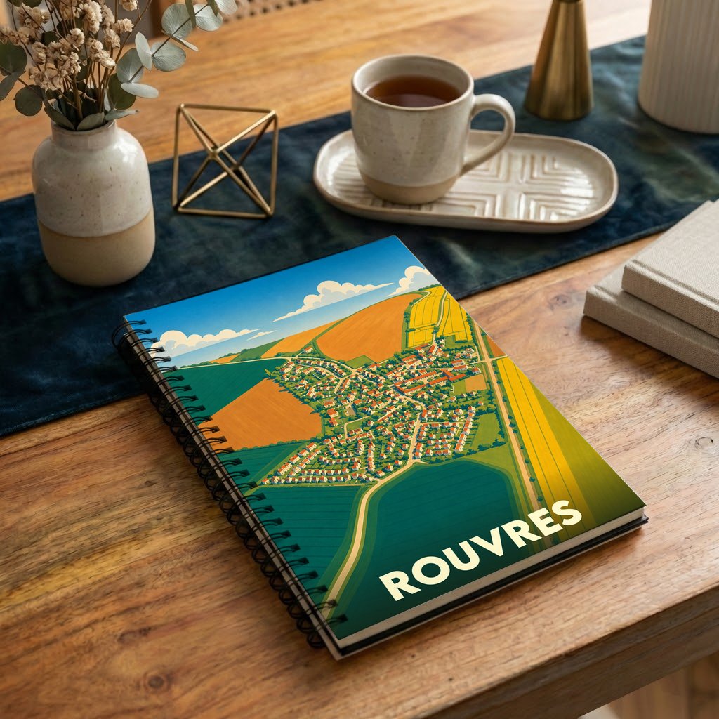 Carnet souvenir de la ville de Rouvres avec une illustration stylisée vue du ciel.