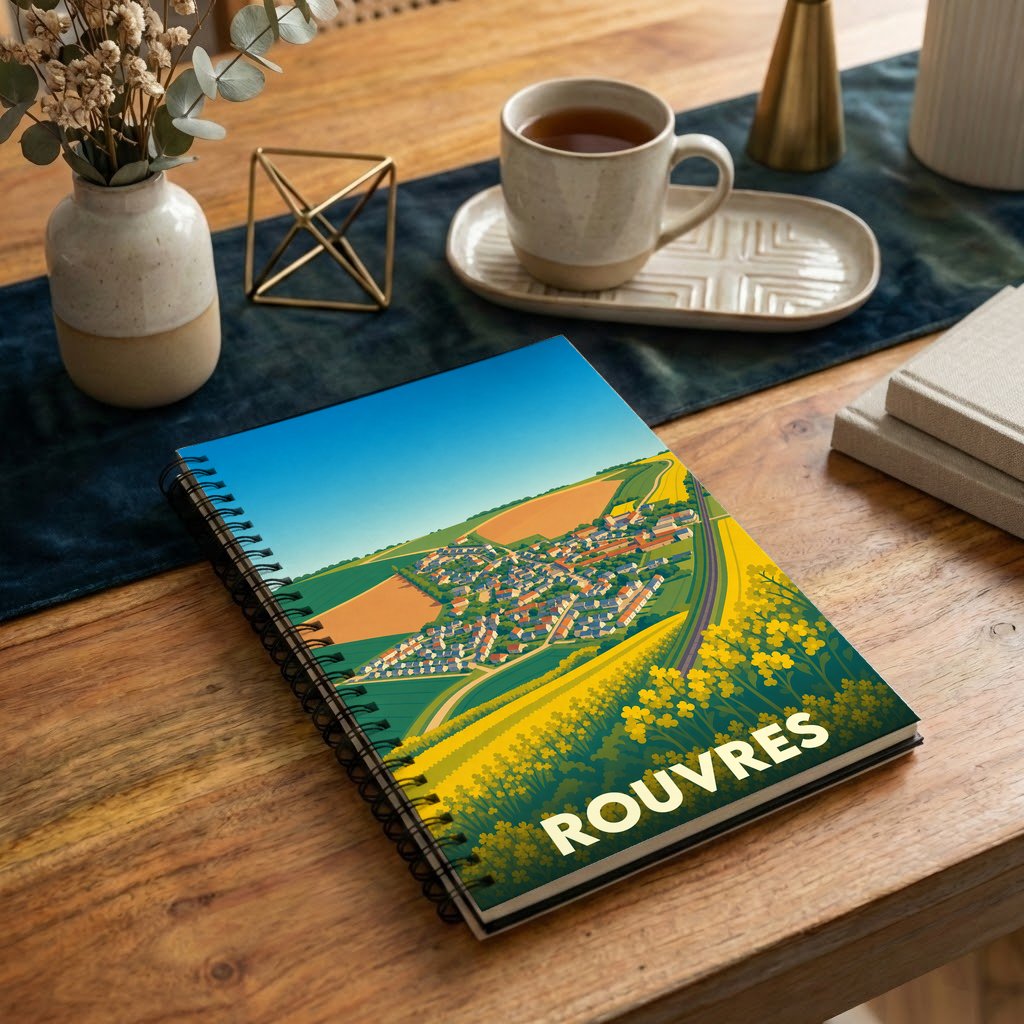 Carnet à spirales souvenir de la ville de Rouvres avec une illustration stylisée d'un paysage champêtre.