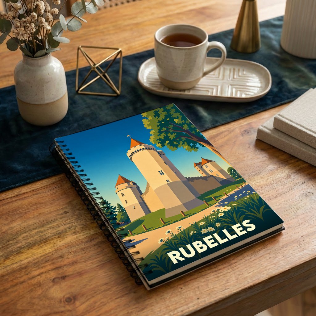 Carnet souvenir de la ville de Rubelles avec une illustration stylisée de son château.