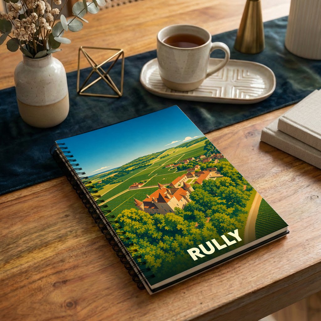 Carnet à spirales souvenir de la ville de Rully avec une illustration stylisée d'un château au cœur du vignoble.
