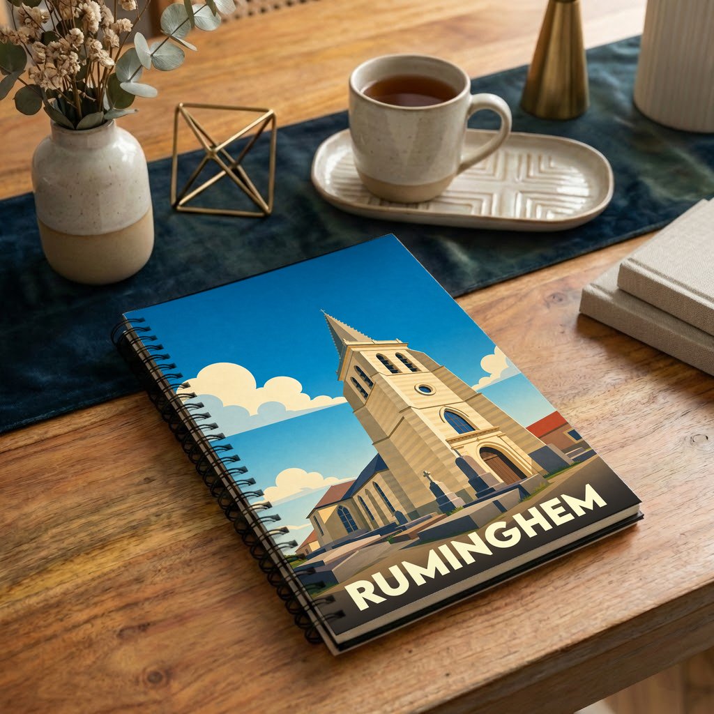 Carnet à spirales souvenir de la ville de Ruminghem avec une illustration stylisée de son église.