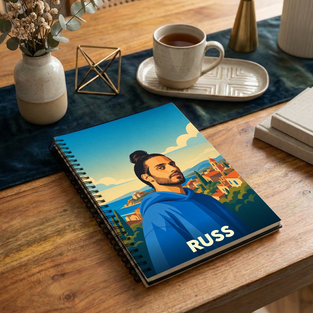 Carnet de notes à spirales souvenir de la ville de Russ avec une illustration stylisée d'un homme sur fond de paysage côtier.