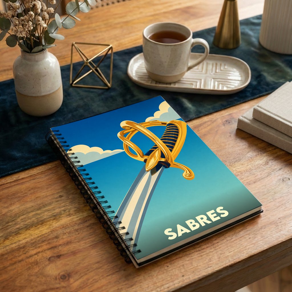 Carnet à spirale souvenir de la ville de Sabres avec une illustration stylisée d'un sabre.