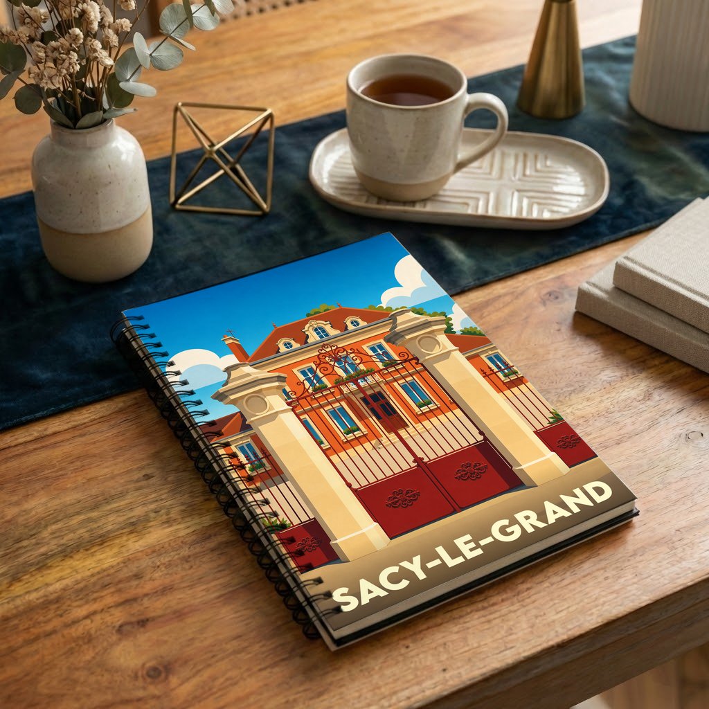 Carnet souvenir de la ville de Sacy-le-Grand avec une illustration stylisée d'un portail de château.