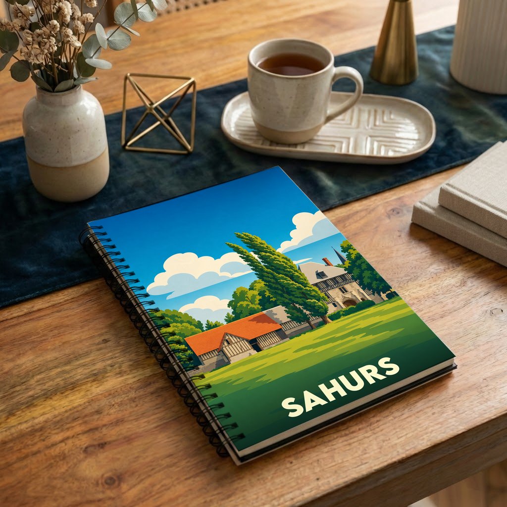 Carnet à spirales souvenir de la ville de Sahurs avec une illustration stylisée.