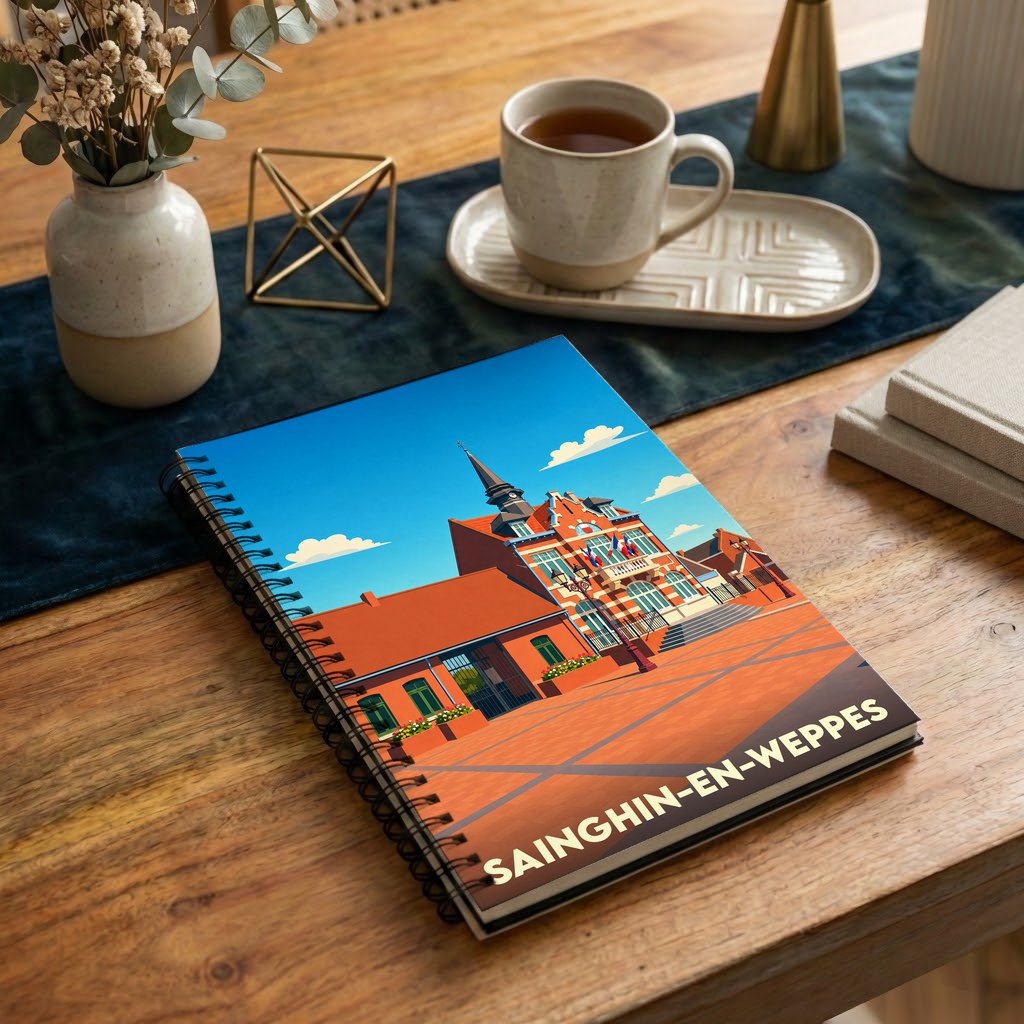 Carnet souvenir de la ville de Sainghin-en-Weppes avec une illustration stylisée de son hôtel de ville.