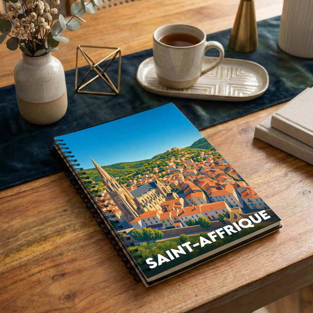 Carnet à spirales souvenir de la ville de Saint-Affrique avec une illustration stylisée.