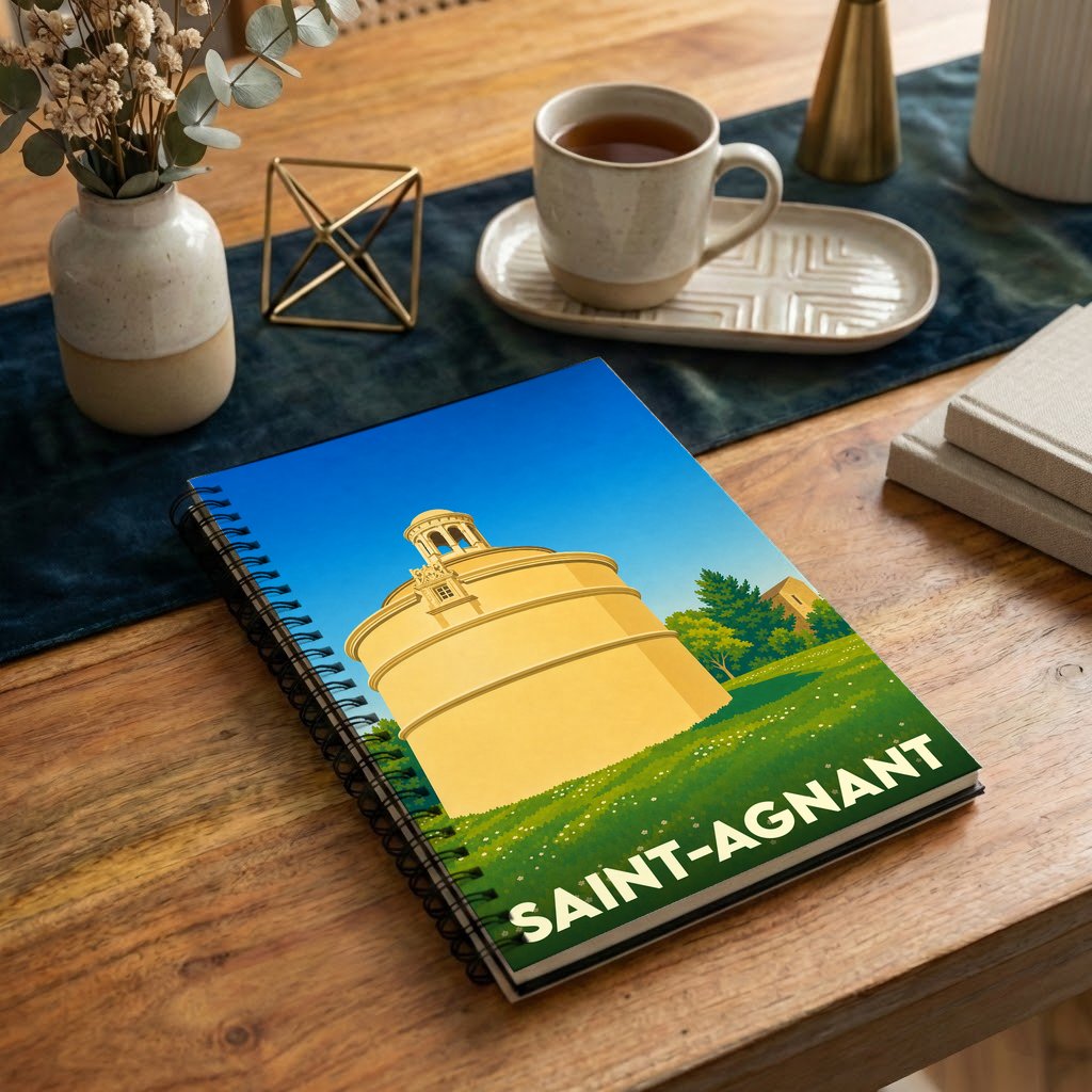 Carnet à spirales souvenir de la ville de Saint-Agnant avec une illustration stylisée de son patrimoine.