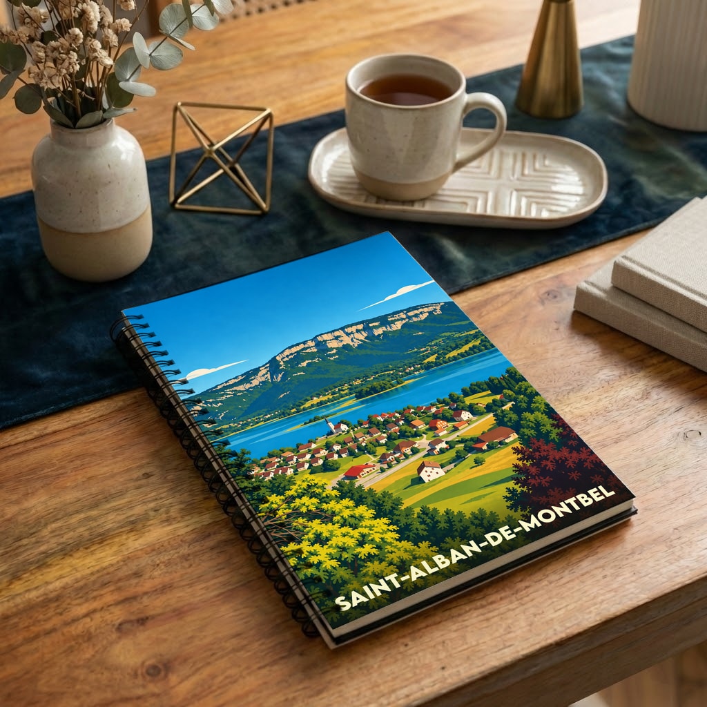 Carnet à spirales souvenir de Saint-Alban-de-Montbel avec une illustration stylisée d'un paysage de montagne et de lac.
