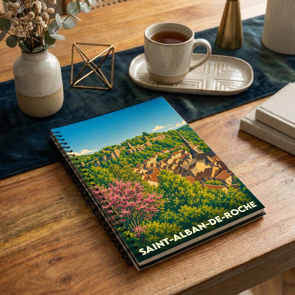 Carnet à spirale souvenir de la ville de Saint-Alban-de-Roche avec une illustration colorée et stylisée du village niché dans la verdure.