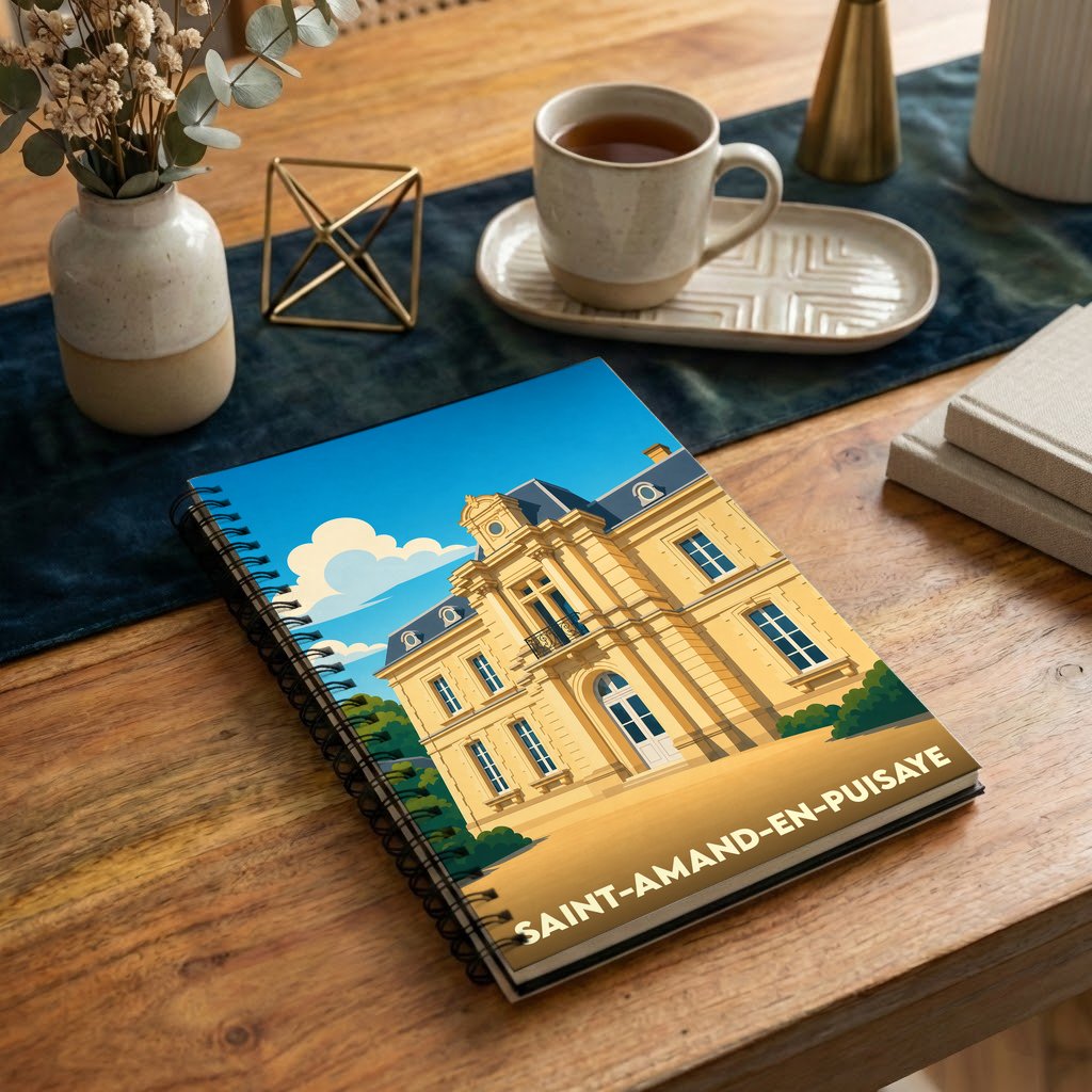 Carnet à spirales souvenir de la ville de Saint-Amand-en-Puisaye avec une illustration stylisée de son château.