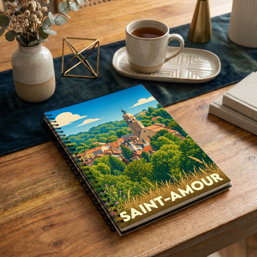 Carnet à spirale souvenir de la ville de Saint-Amour avec une illustration stylisée d'un village entouré de verdure.