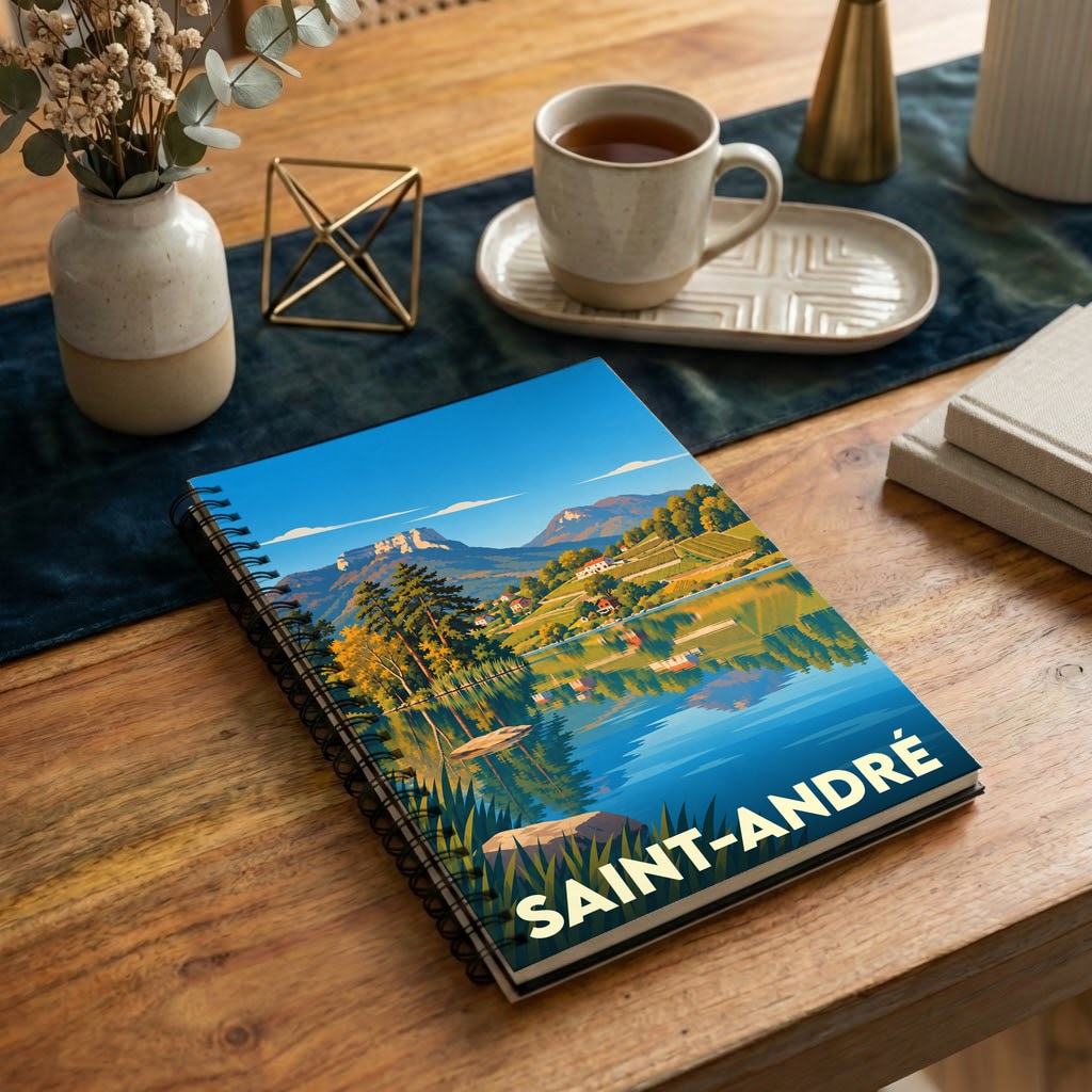 Carnet souvenir de la ville de Saint-André avec une illustration stylisée de son paysage montagneux et de son lac.