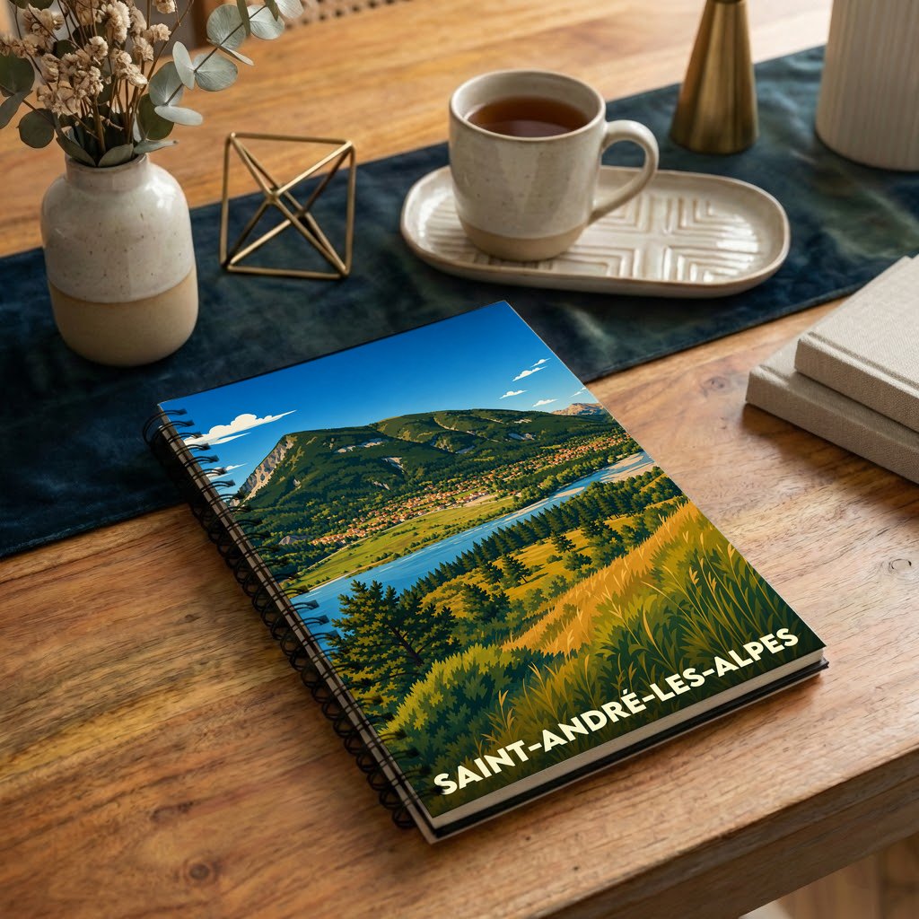 Carnet à spirales souvenir de la ville de Saint-André-les-Alpes avec une illustration stylisée de son paysage montagneux et de son lac.