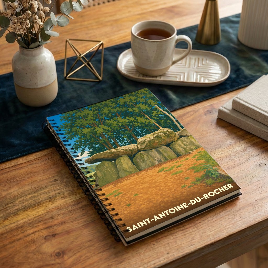 Carnet à spirales souvenir de la ville de Saint-Antoine-du-Rocher avec une illustration stylisée d'un dolmen en forêt.