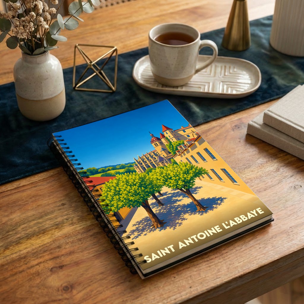 Carnet souvenir de la ville de Saint-Antoine-l’Abbaye orné d'une illustration stylisée de son patrimoine.