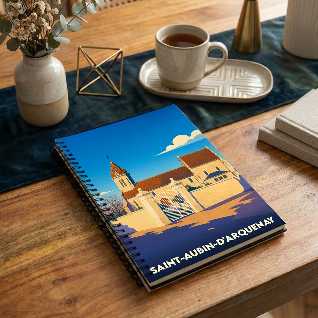 Carnet de notes à spirales souvenir de la ville de Saint-Aubin-d'Arquenay avec une illustration stylisée de son église.