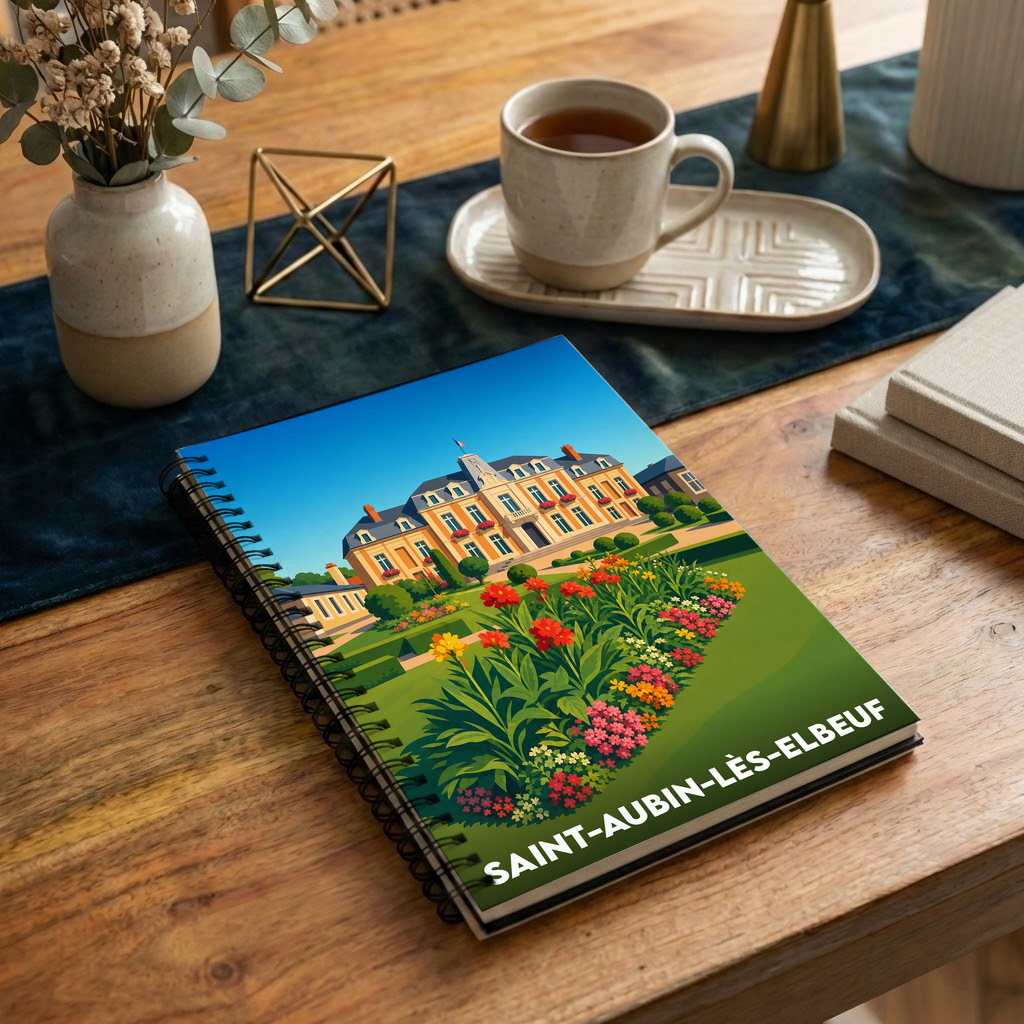 Carnet souvenir de la ville de Saint-Aubin-lès-Elbeuf illustré par une vue stylisée de son hôtel de ville et de ses jardins fleuris.
