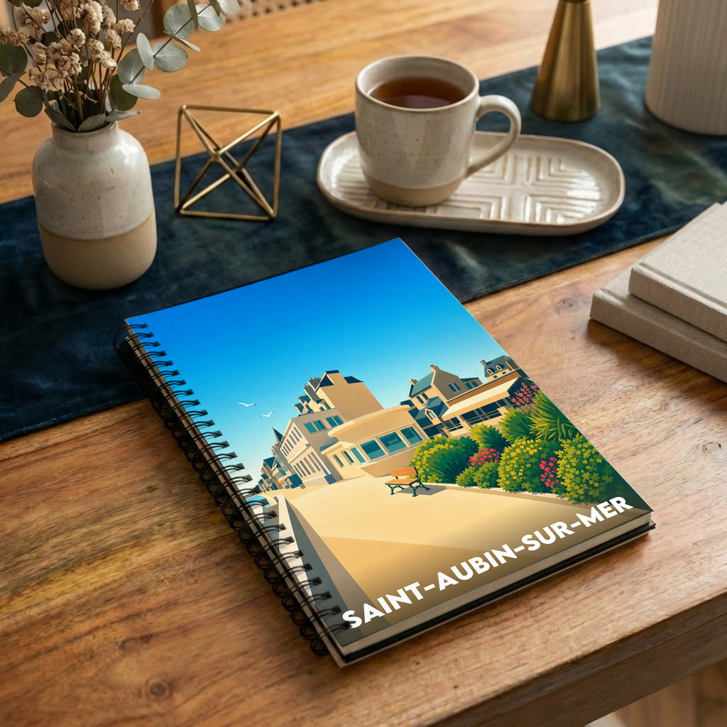 Carnet souvenir de la ville de Saint-Aubin-sur-Mer avec une illustration stylisée.