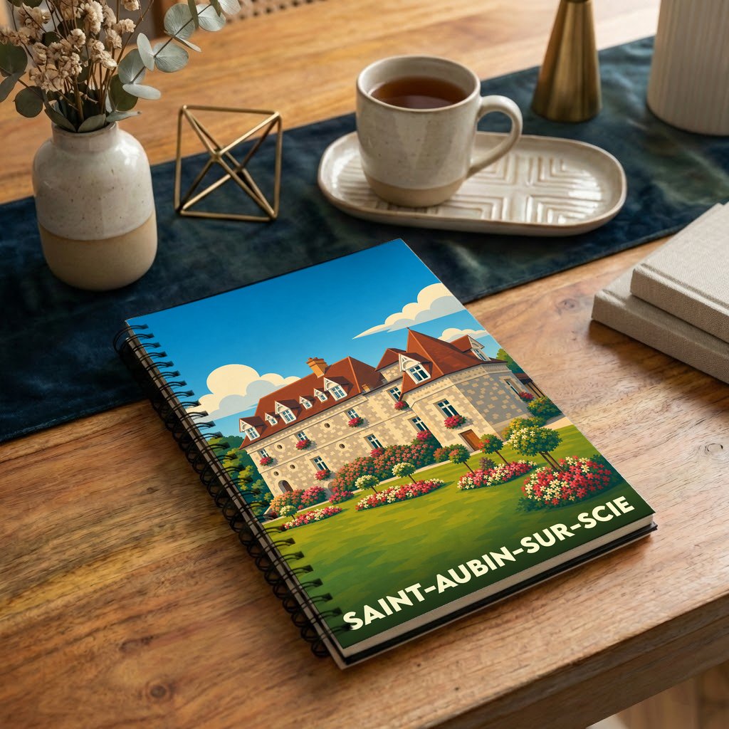 Carnet à spirales souvenir de la ville de Saint-Aubin-sur-Scie avec une illustration stylisée.