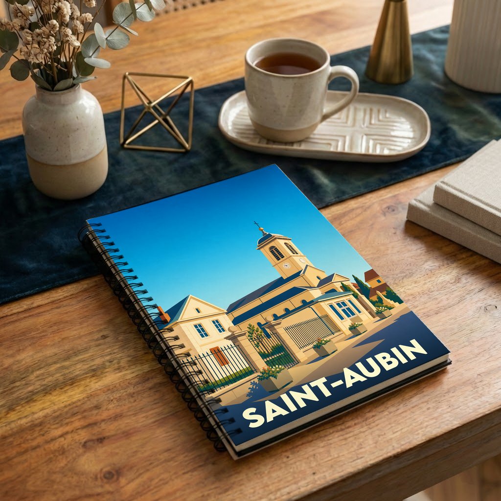 Carnet souvenir de la ville de Saint-Aubin avec une illustration stylisée de son église.