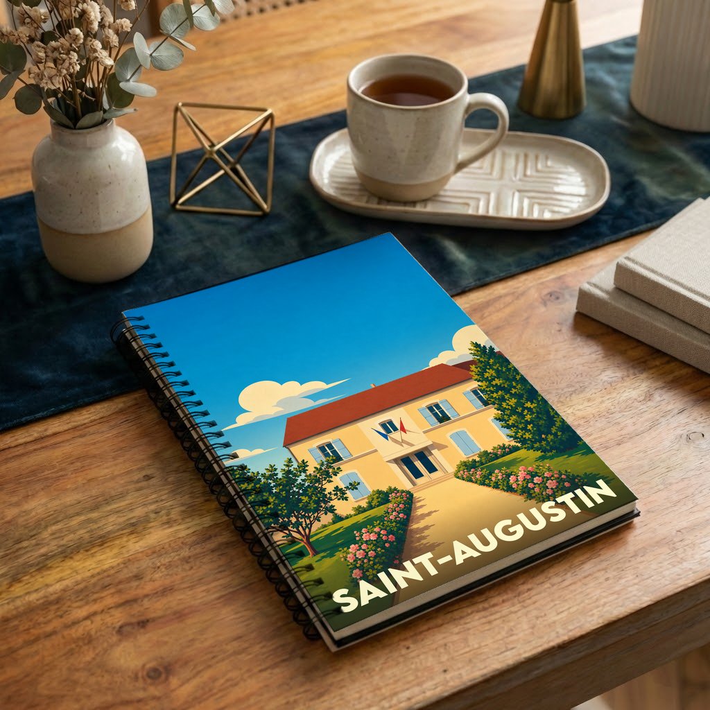Carnet à spirale souvenir de la ville de Saint-Augustin avec une illustration stylisée d'une bâtisse ensoleillée.