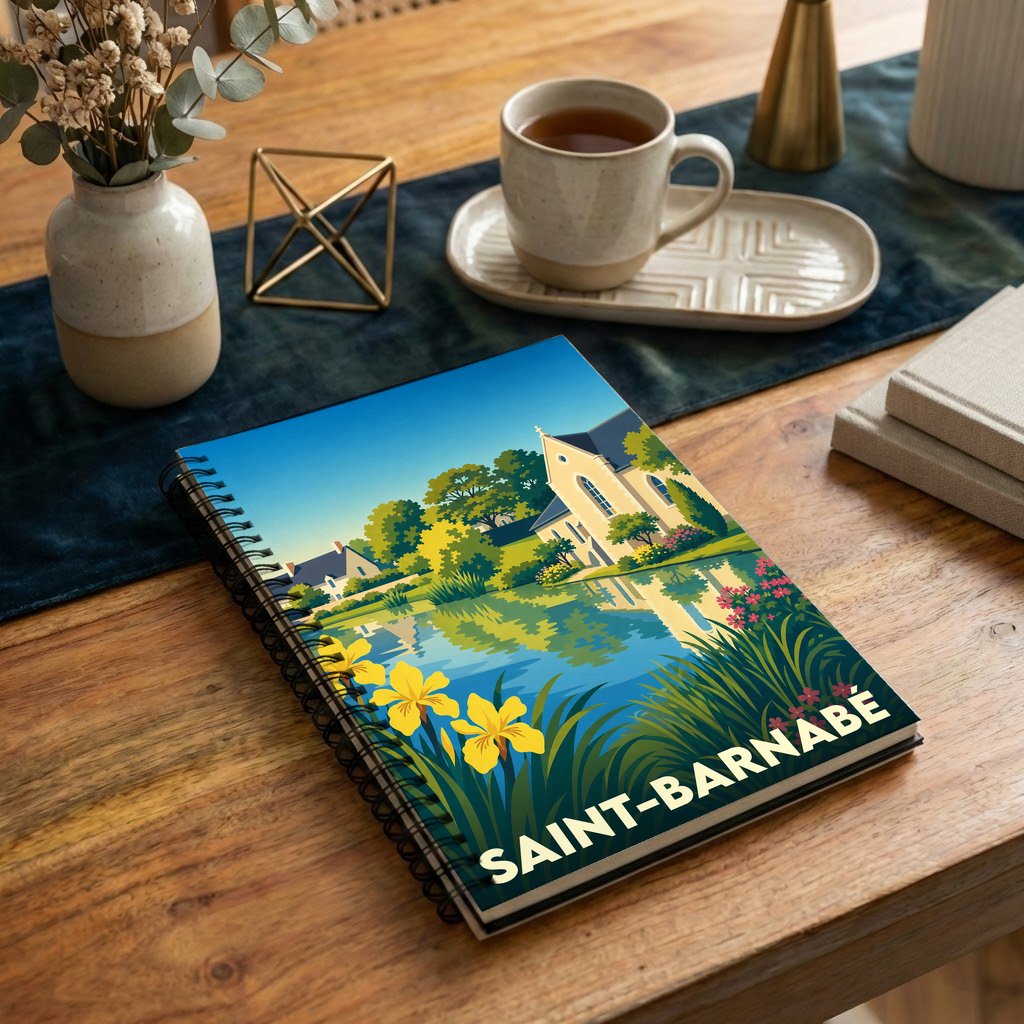 Carnet souvenir de la ville de Saint-Barnabé avec une illustration stylisée d'un paysage au bord de l'eau.